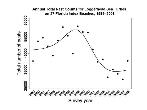 The <b>graph</b> shows the number of nests located on Bald Head Island from 1983 to 2012. . Loggerhead turtle population graph